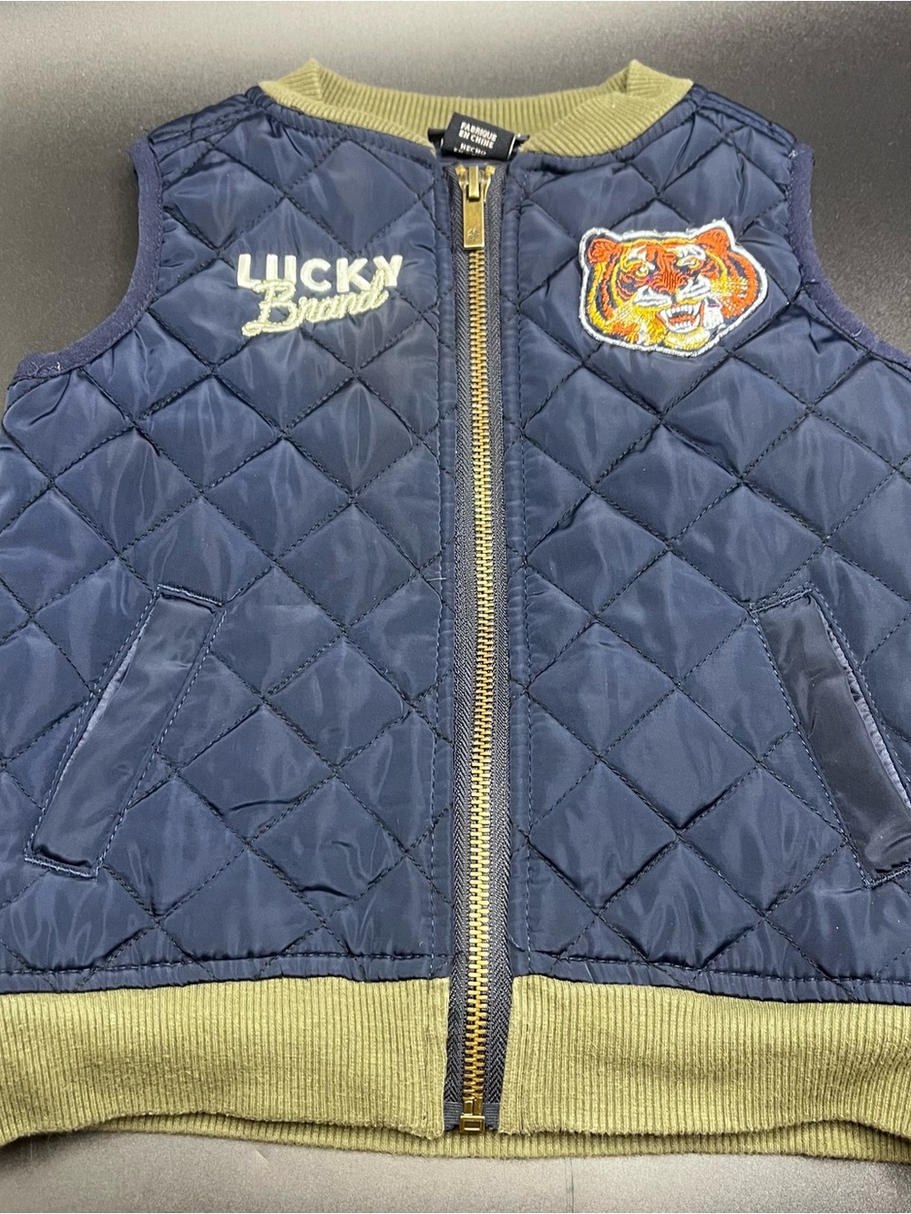 Lucky Brand Toddler Quilted Vest Size 18m Navy Tiger Patch Logo Full Zip Pockets